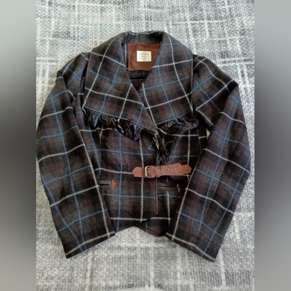 L.O.G.G H&M Wool Tweed Coat Fringe Buckle  Blazer Jacket Window Plaid Gray Sz 6 - Picture 4 of 9